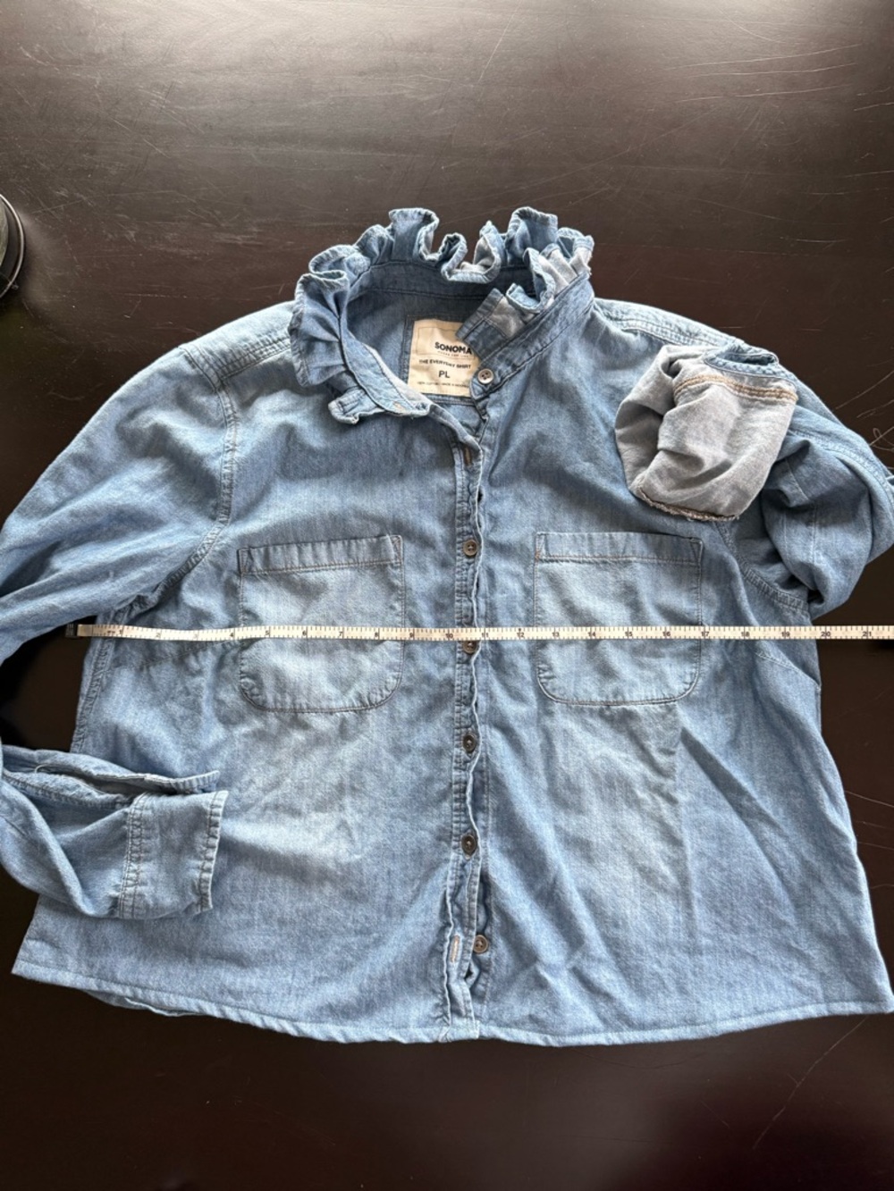 One of a kind upcycled denim shirt with ruffle collar